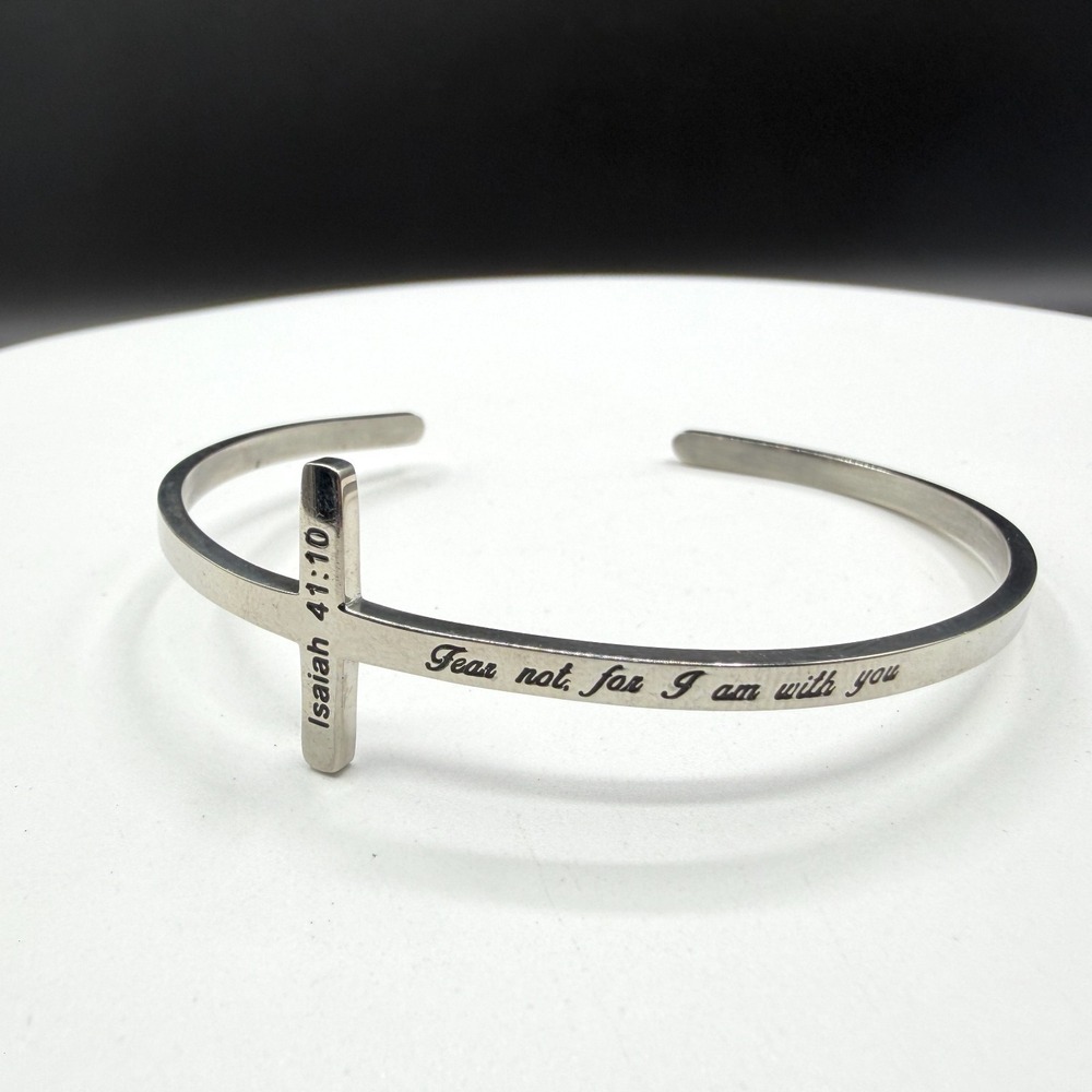 Silver Tone Isaiah 41:10 Cross Cuff Bracelet Christian Faith Inspirational Gift